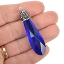 Blue Crystal Teardrop Drop Pendant rhinestone micro pave bead cap, Faceted, Silver Bail, 2" chs5130