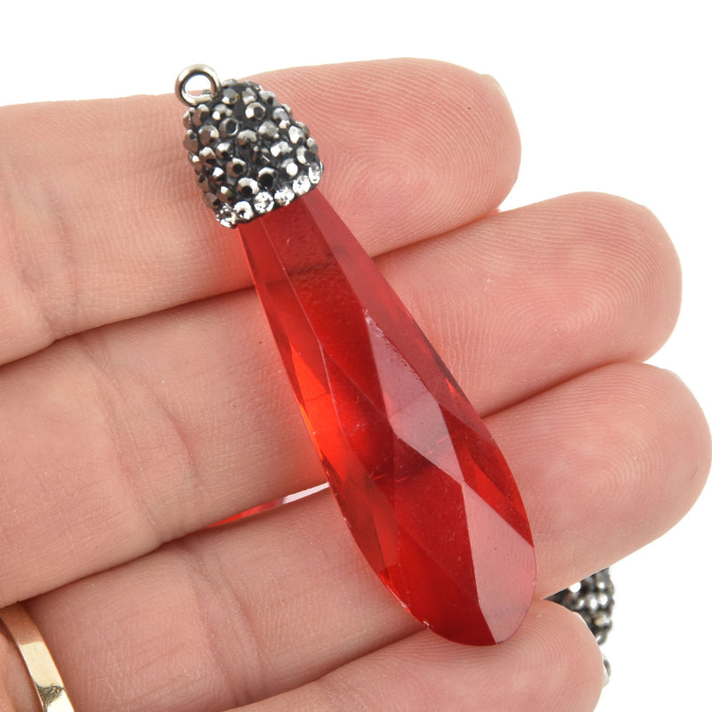Red Crystal Teardrop Drop Pendant rhinestone micro pave bead cap, 2" chs5133