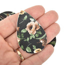 10 Faux Leather Teardrop Charms BLACK FLORAL Vegan Leather Pendant 2-1/4" chs5134