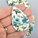 10 Faux Leather Teardrop Charms BLUE FLORAL Vegan Leather Pendant 2-1/4" long chs5136