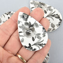 10 Faux Leather Teardrop Charms GRAY FLORAL Vegan Leather Pendant 2-1/4" long chs5144