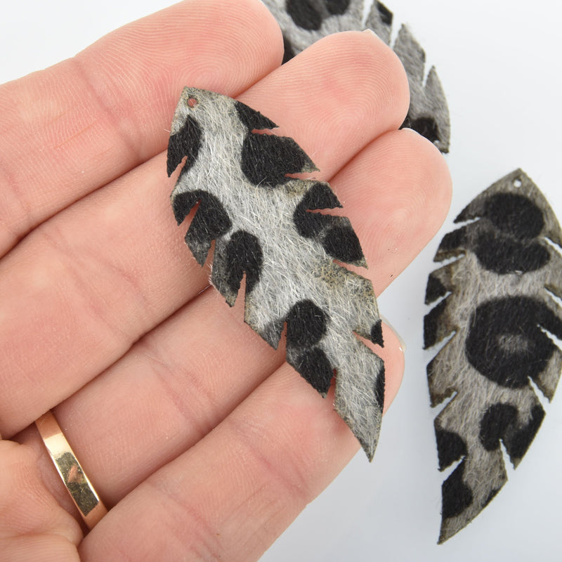 10 Faux Leather Leaf Charms Gray Black Faux Fur Vegan Pendant 2-1/8" long chs5145