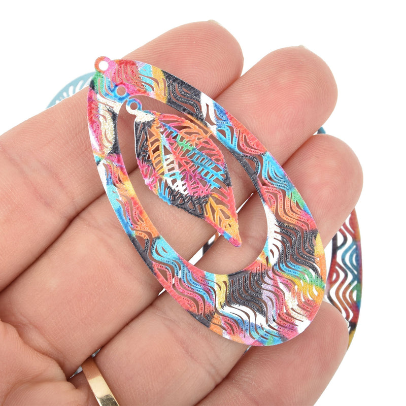 5 Metal LEAF Charms Filigree Enamel 2-3/8" chs5148