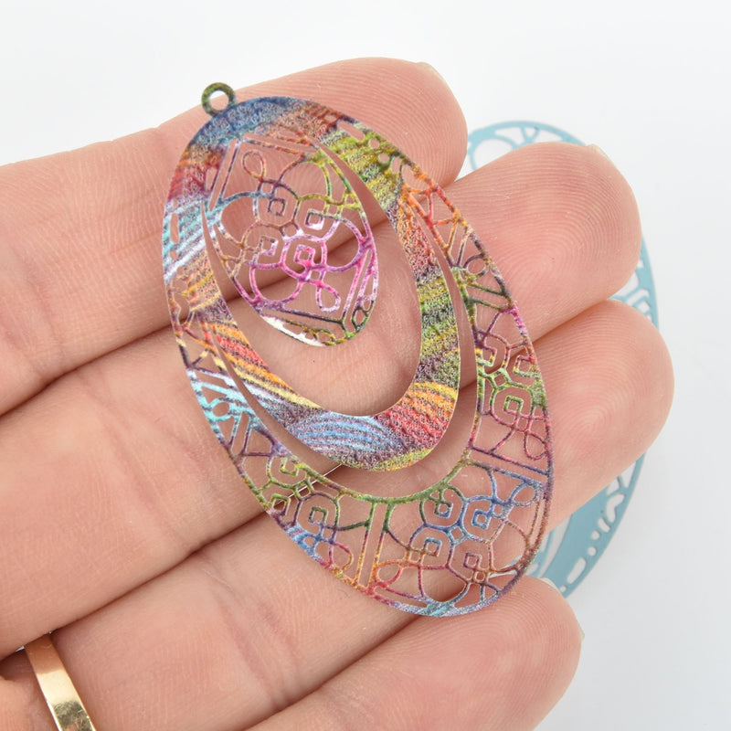 5 Metal OVAL TEARDROP Charms Filigree Enamel 2-1/8" chs5152