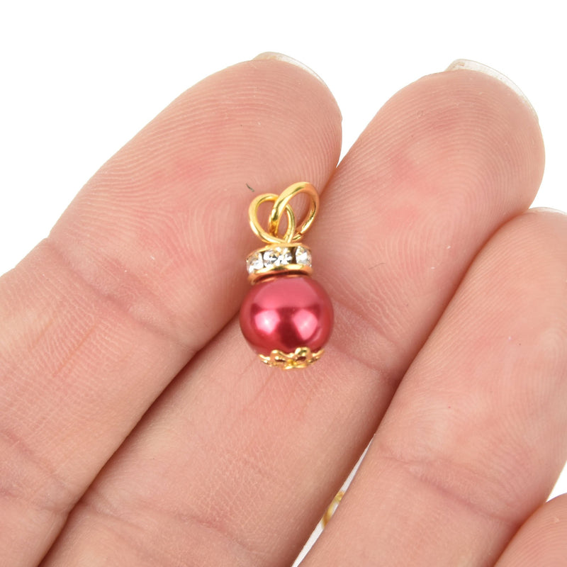 10 Gold Crystal Drop Charms red glass pearls rhinestone 5/8" chs5153