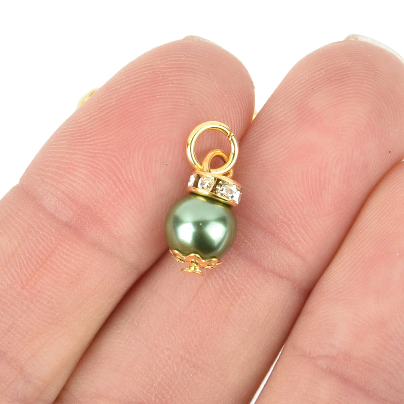 10 Gold Crystal Drop Charms green glass pearls rhinestone 5/8" chs5154