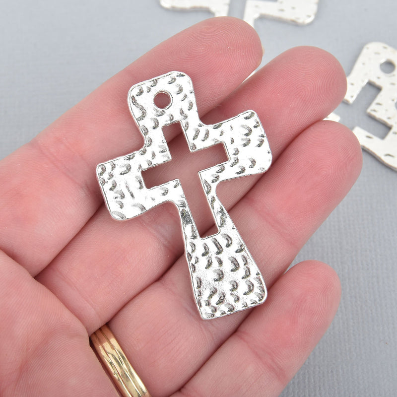 2 Hammered Bright Silver Cross Pendant Charms, large 2" long, chs5160