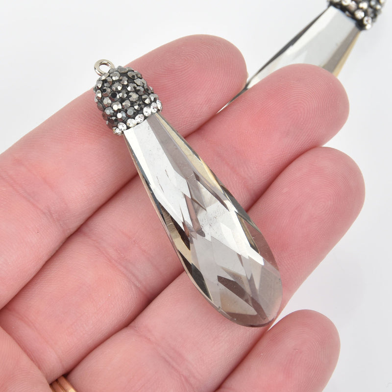 Smoke Gray Crystal Teardrop Drop Pendant rhinestone micro pave bead cap, 2" chs5162