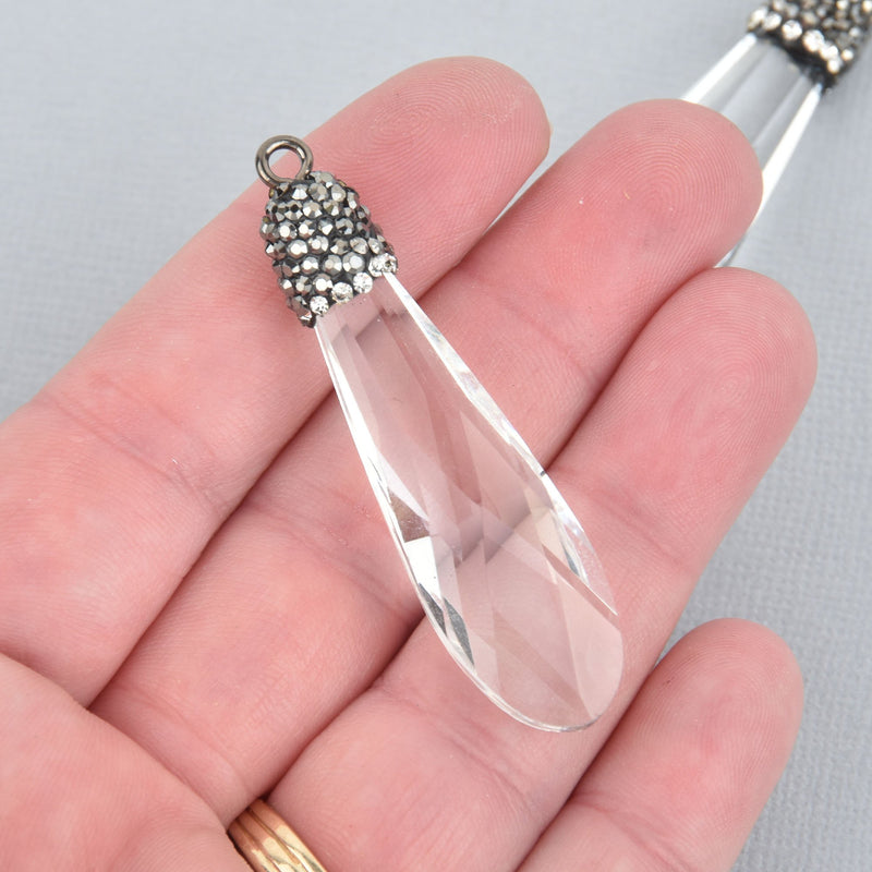 Clear Crystal Teardrop Drop Pendant rhinestone micro pave bead cap, 2" chs5163