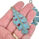 2 Bronze Oak Leaf Charms with Blue Verdigris Patina 2.5" long chs5164