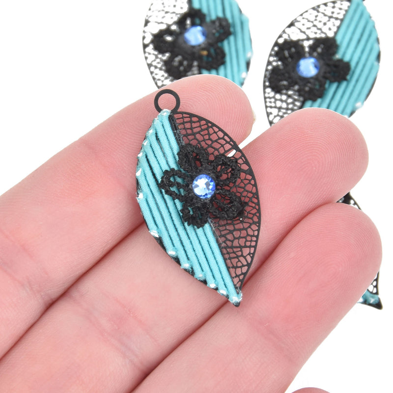 4 Filigree Leaf Charms TURQUOISE BLUE with Black flower and crystal 1.5" long chs5165