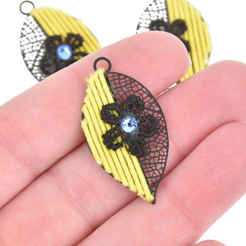 4 Filigree Leaf Charms YELLOW with Black flower and crystal 1.5" long chs5166