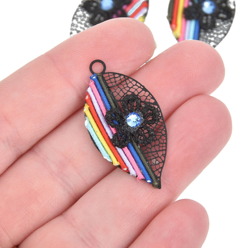 4 Filigree Leaf Charms RAINBOW with Black flower and crystal 1.5" long chs5168