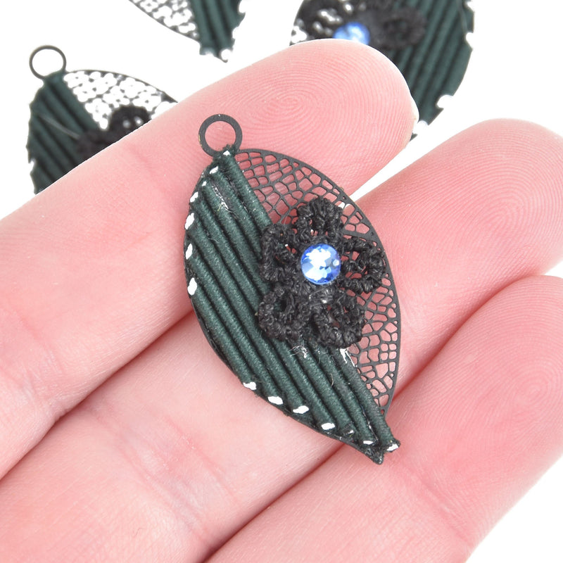 4 Filigree Leaf Charms FOREST GREEN with Black flower and crystal 1.5" long chs5169