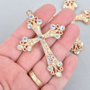 2 Gold Rhinestone Cross Charms, Gold Plated Metal and AB Crystals 2.75" long chs5174
