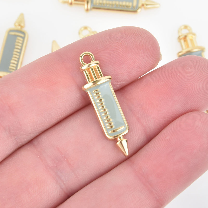 10 SHOT Charms SYRINGE Charms, blue and gold nurse charms chs5181