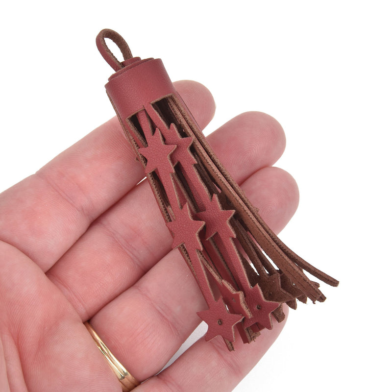 1 Maroon Red Tassel Faux leather Stars 3.5" long chs5188