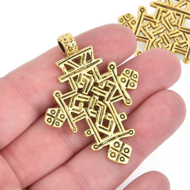 2 Large Gold Cross Pendants Greek Filigree 2" chs5197