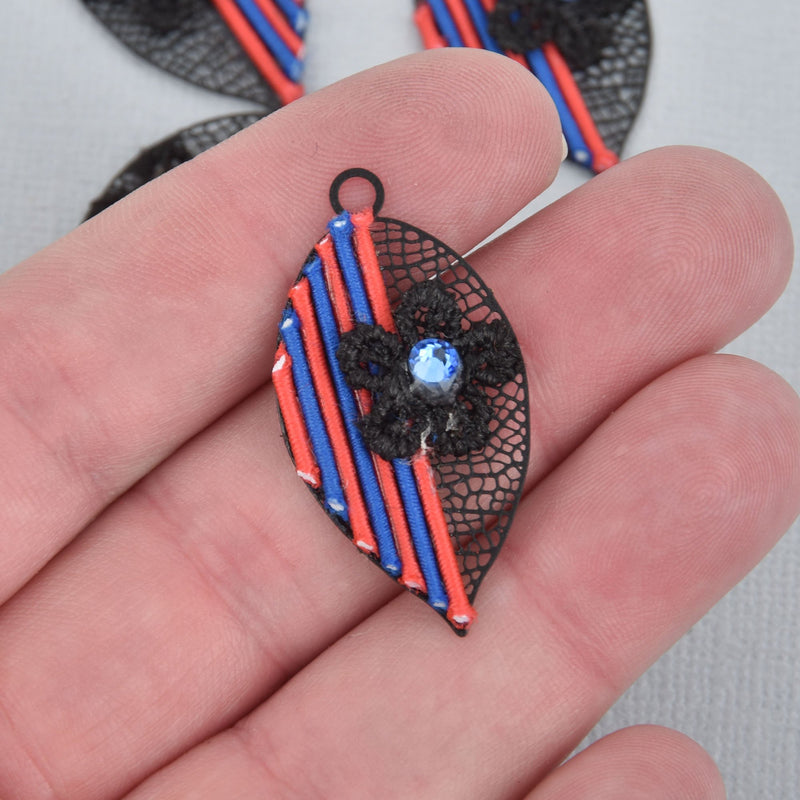 4 Filigree Leaf Charms RED and BLUE with Black flower and crystal 1.5" long chs5201