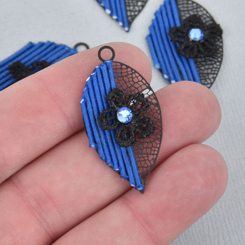 4 Filigree Leaf Charms BLUE with Black flower and crystal 1.5" long chs5204