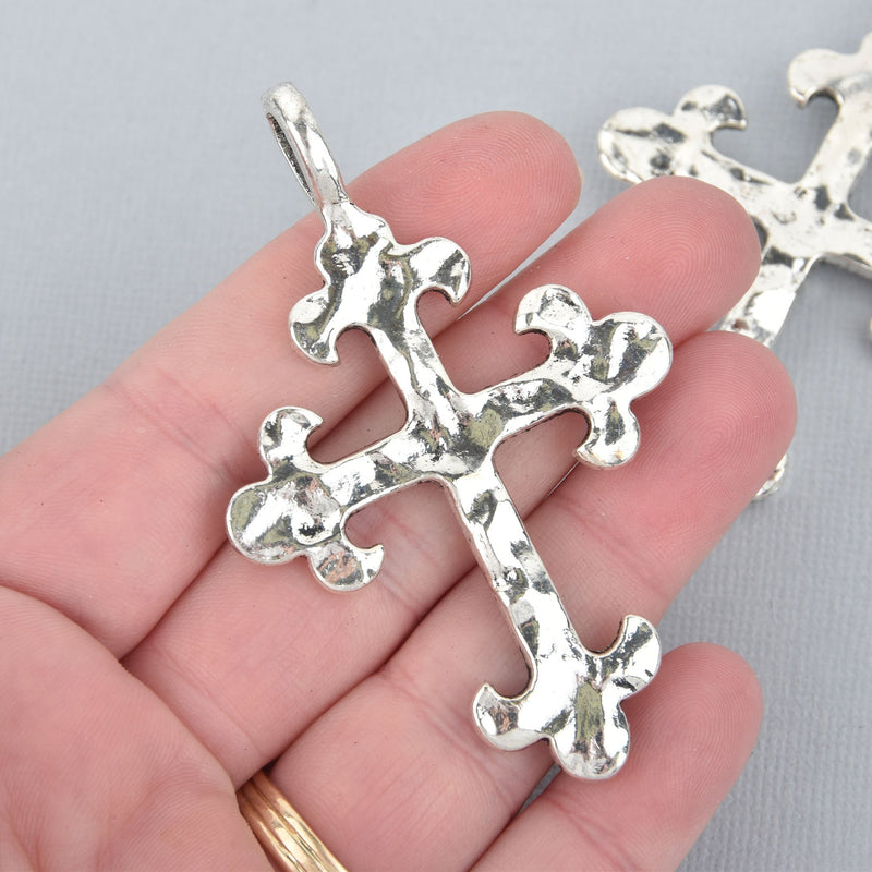 2 Silver Cross Fleury Relic Charms, Large Fleur de Lis Cross, Hammered Plated Metal 3" long chs5205