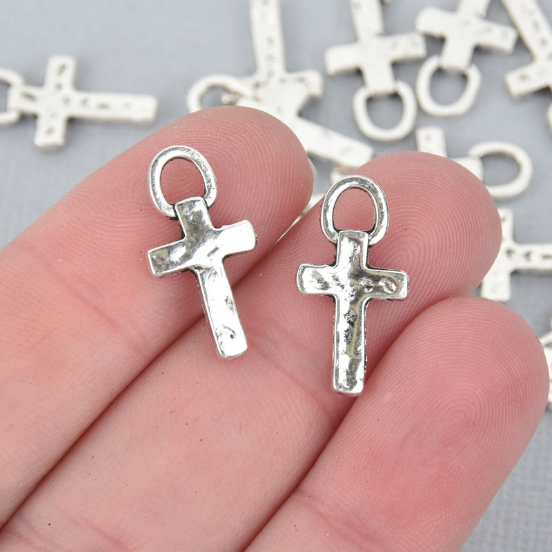 10 Silver Cross Charms, Rustic Hammered Metal Cross, 20mm chs5206
