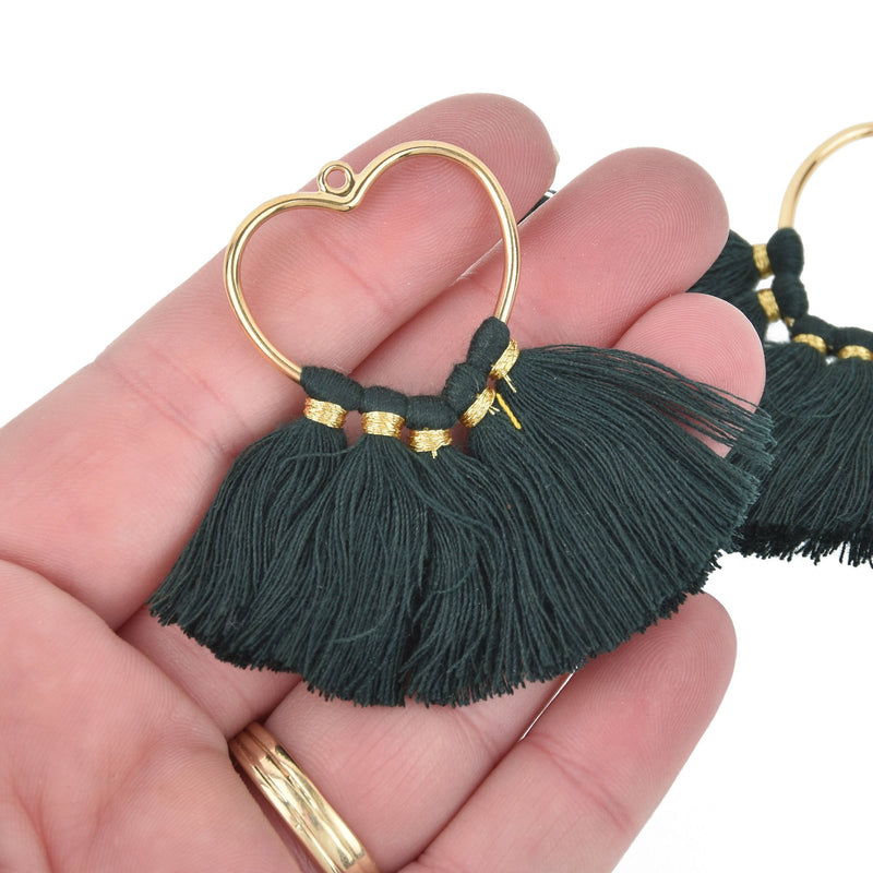 2 Large Tassel Charms Gold HEART with GREEN Fringe Tassels 75x55mm chs5209