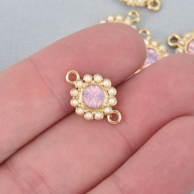 5 Gold Connector Link Charms, Round PINK Crystal Rhinestone with tiny faux pearls, 17mm, chs5210