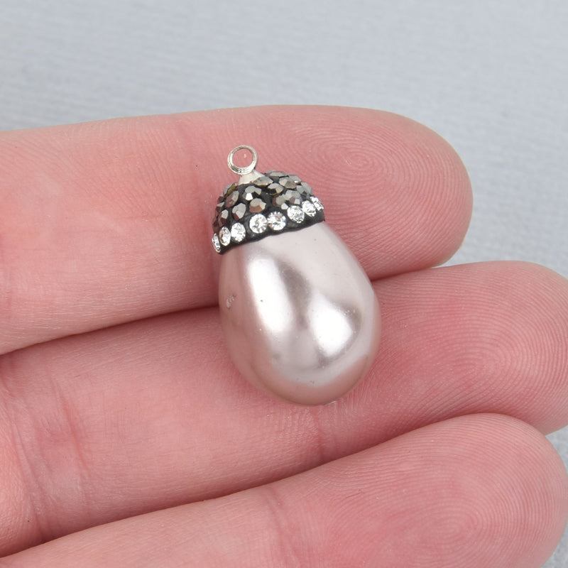 Blush Pink Teardrop shell pearl charm Micro pave crystals Drop charm 1" long chs5212