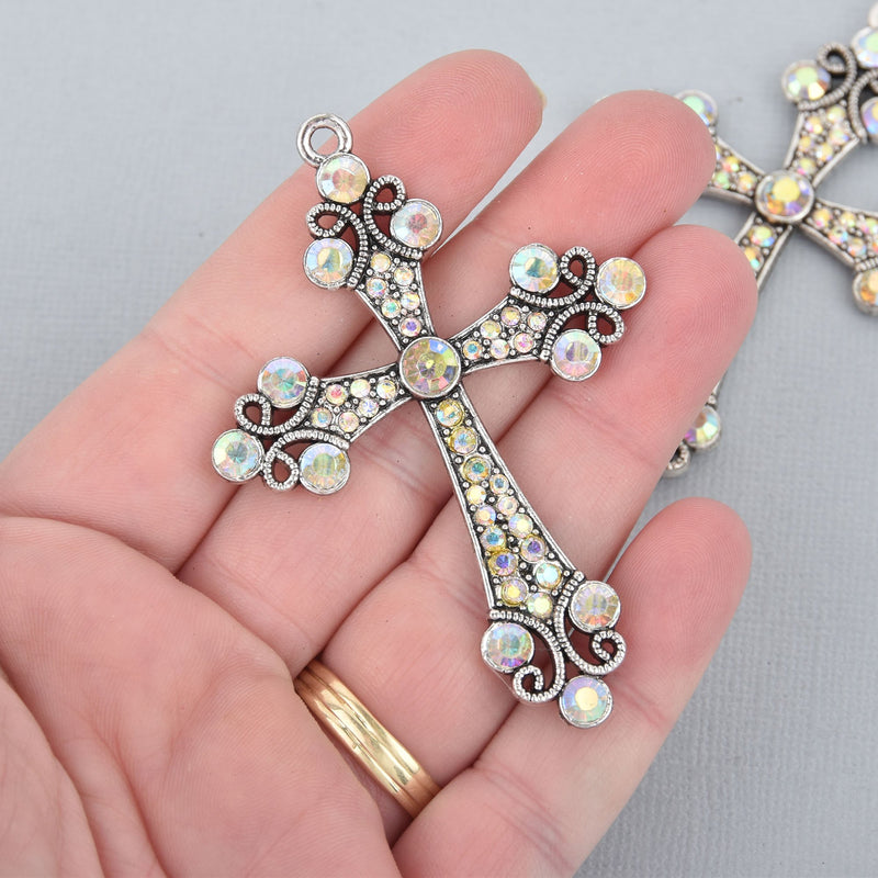 2 Silver Rhinestone Cross Charms, Silver Plated Metal and AB Crystals 2.75" long chs5213