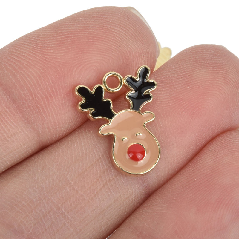 10 REINDEER Christmas Charms Gold Plated with enamel chs5216