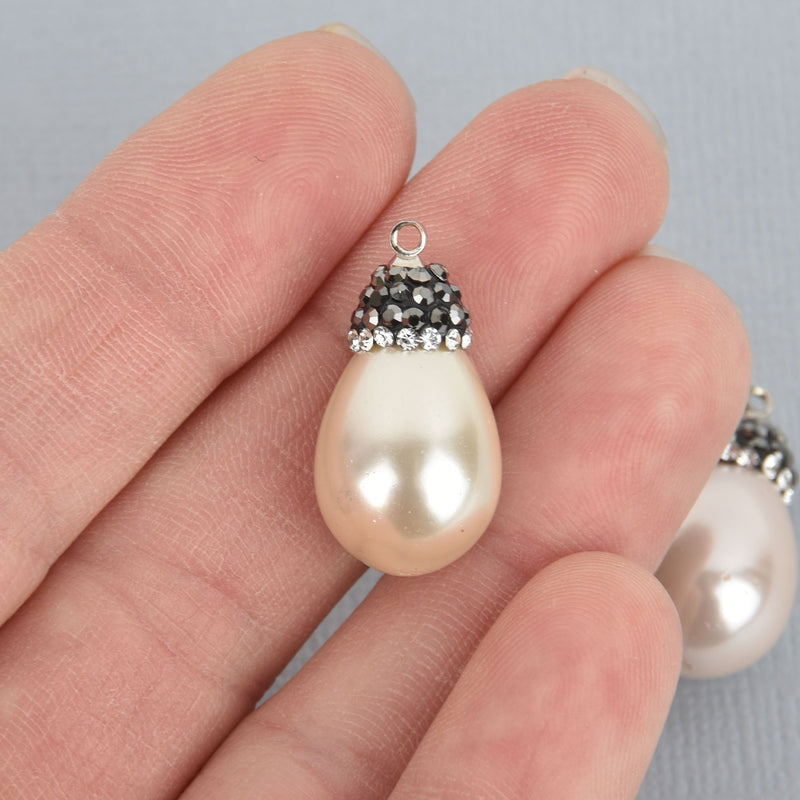 Cream Teardrop shell pearl charm Micro pave crystals Drop charm 1" long chs5217