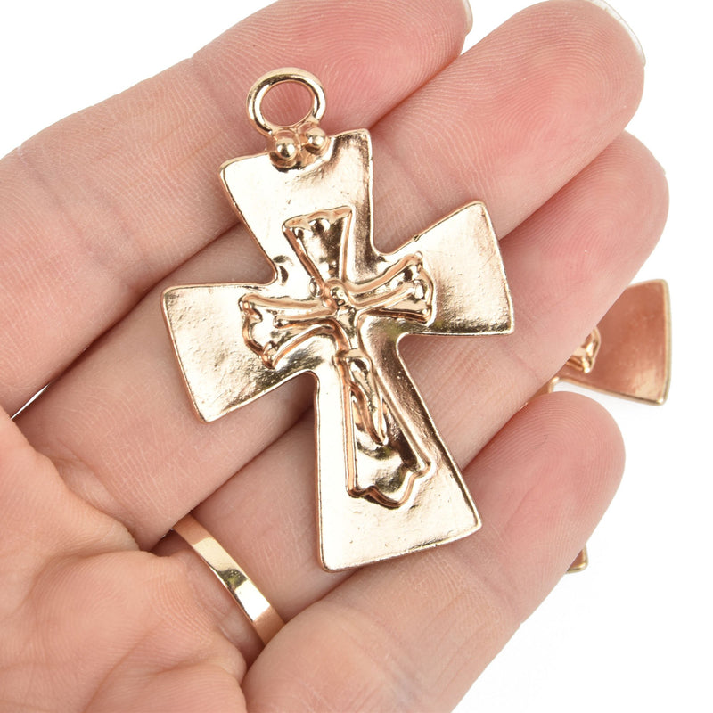 2 Gold Crucifix Cross Charms large 2" long, chs5220