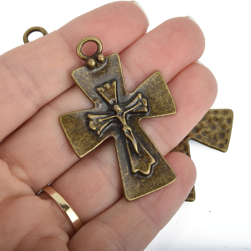 2 Bronze Crucifix Cross Charms large 2" long, chs5221