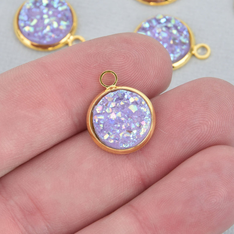 10 Purple Faux Druzy Charms, PURPLE AB Resin Druzy in Gold plated bezel 18x14mm, chs5225