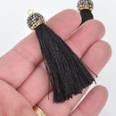 BLACK Tassel Pendant, Micro Pave Tassel Necklace Enhancer, Rhinestone Bail, about 2.5" long, chs5226