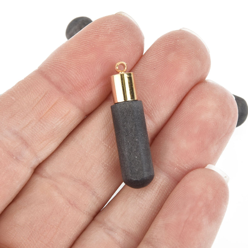 10 Gray Black Wood Drop Charms with gold bail, 1.25" long chs5232