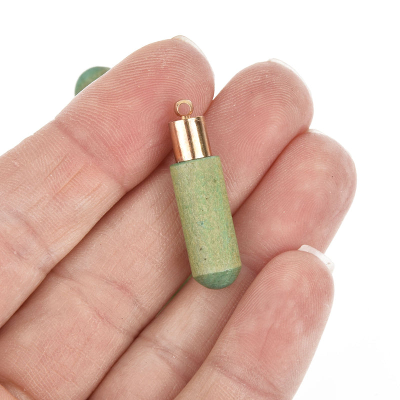 10 Green Wood Drop Charms with gold bail, 1.25" long chs5234
