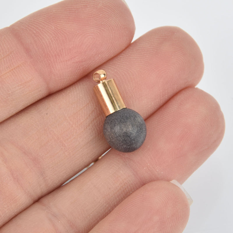 10 Gray Black Wood Ball Drop Charms with gold bail, 3/4" long chs5235