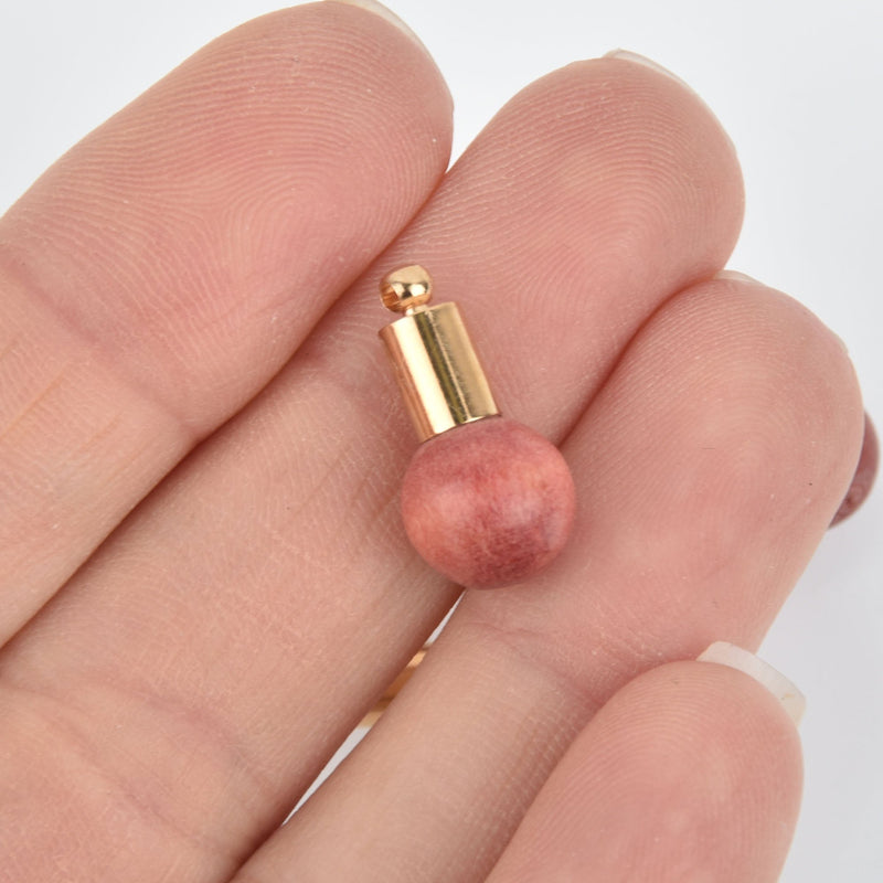 10 Pink Wood Ball Drop Charms with gold bail, 3/4" long chs5236