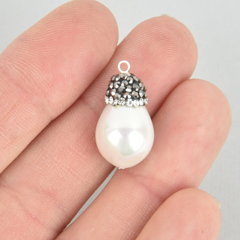 White Teardrop shell pearl charm Micro pave crystals Drop charm 1" long chs5245