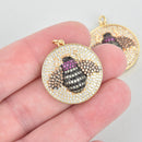 BEE Charm Micro Pave Cubic Zirconia Crystals, Rhinestone Pendant, Gold Brass Metal, 26mm chs5247