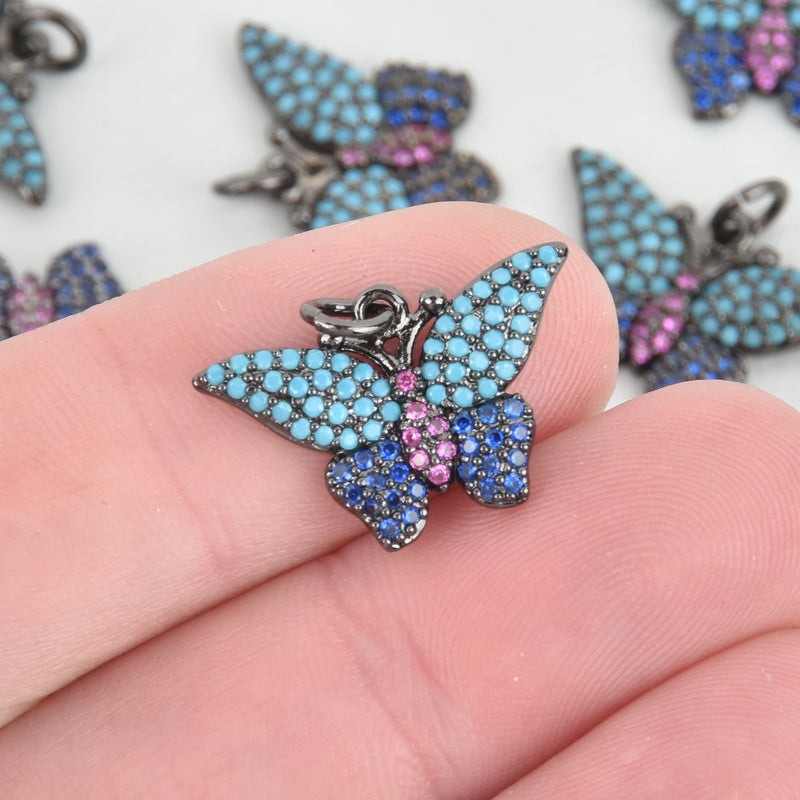 Crystal Butterfly Charms, Micro pave BLUE CZ crystals, GUNMETAL Black brass chs5251