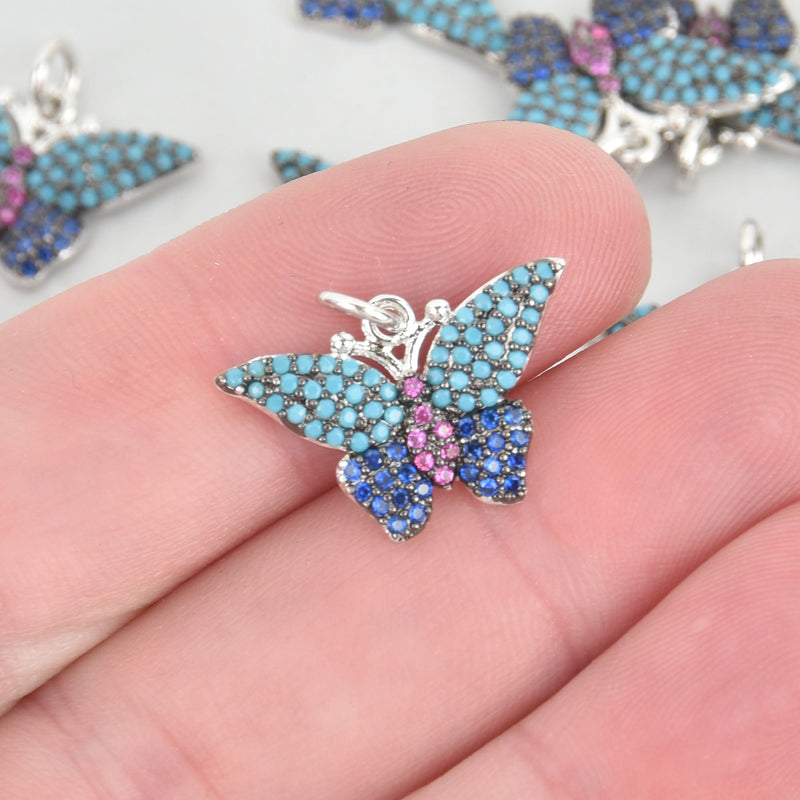 Crystal Butterfly Charms, Micro pave BLUE CZ crystals, SILVER brass chs5252
