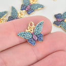 Crystal Butterfly Charms, Micro pave BLUE CZ crystals, GOLD brass chs5253