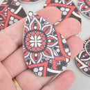10 Faux Leather Teardrop Charms RED BLACK FLORAL Vegan Pendant 2-1/4" long chs5257