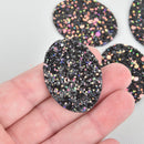 10 BLACK Faux Leather OVAL Glitter Charm Pendant Vegan Leather, 1-5/8" long chs5267