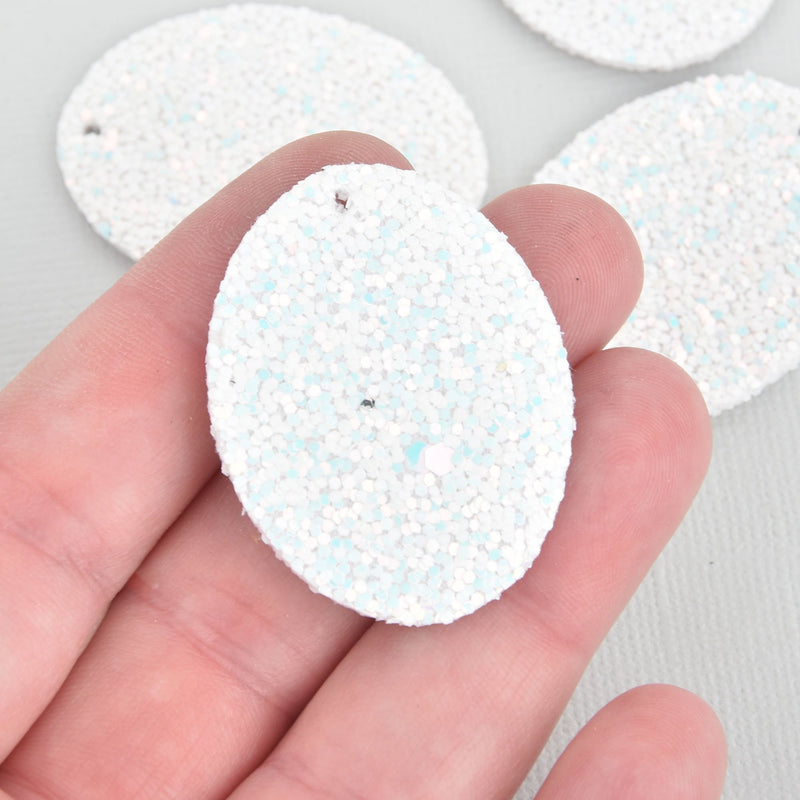 10 WHITE AB Faux Leather OVAL Glitter Charm Pendant Vegan Leather, 1-5/8" long chs5268