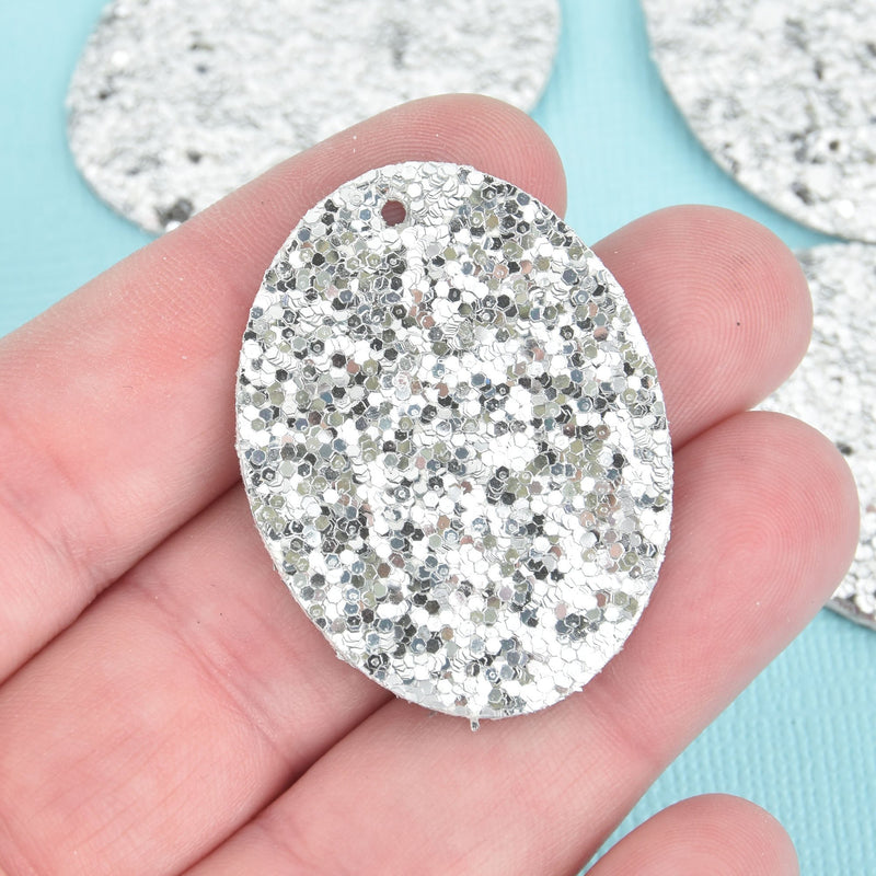 10 SILVER Faux Leather OVAL Glitter Charm Pendant Vegan Leather, 1-5/8" long chs5270