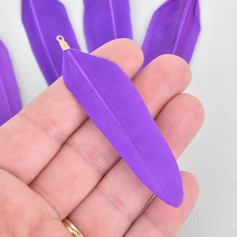 20 PURPLE Real Feather Charms Goose feathers with gold bail 3" long, chs5272